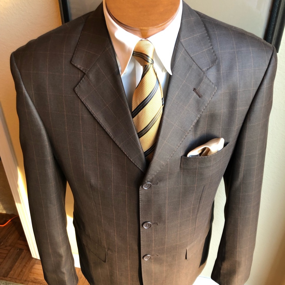 Pierre Políni de France Wool and Cotton 3 Button Brown Windowpane Size 40L